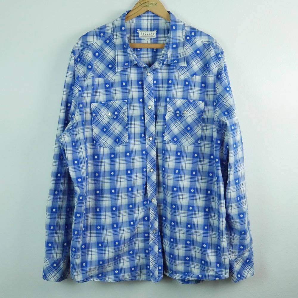 Tecovas XXL Blue White Plaid Pearl Snap Western Cowboy Shirt Cotton Long Sleeve